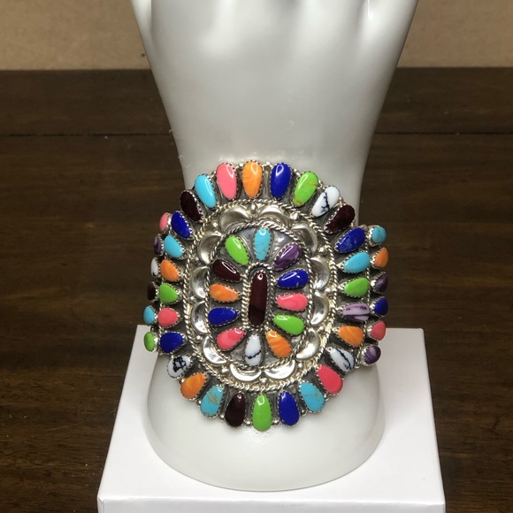 NAVAJO Handmade Native American Sterling Silver Multi Gemstone Petit Point Cuff - Picture 14 of 17